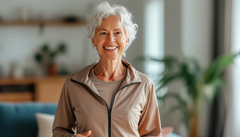Active woman over 60 doing a low-impact workout at home